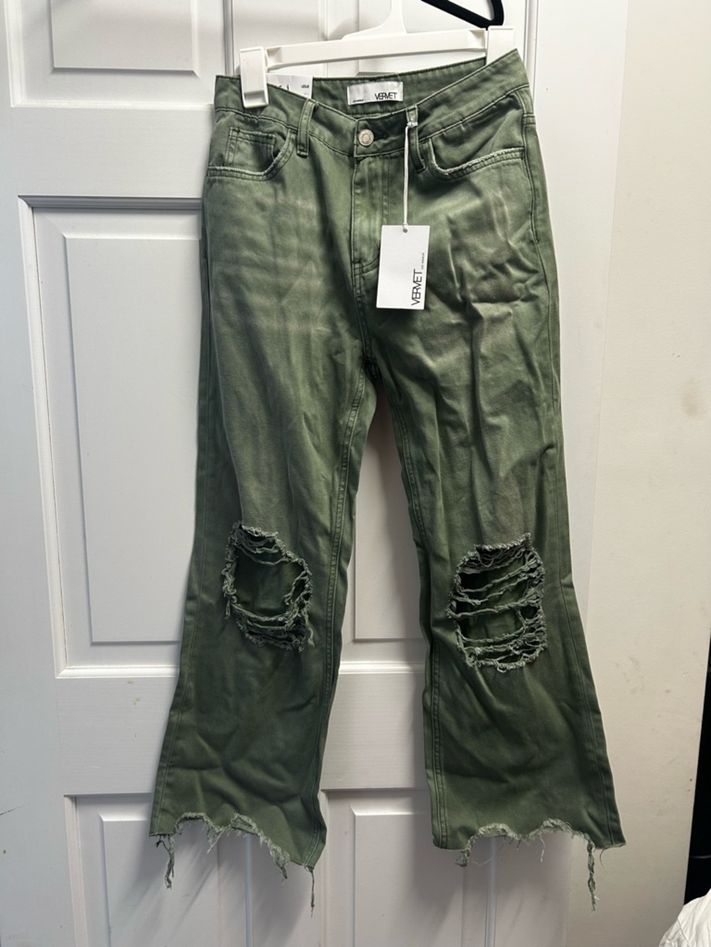 VEVET Olive Distressed Ankle Crop Jeans